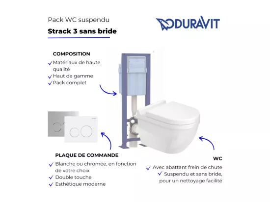 Pack WC suspendu sans bride DURAVIT Starck 3 avec abattant frein de chute + bati support SIAMP + Plaque de commande blanche