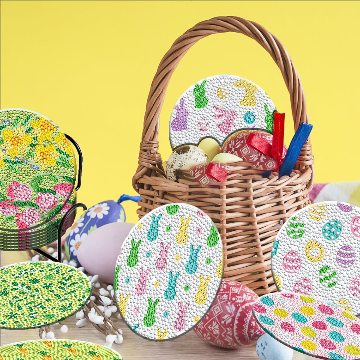 (28-tlg. Set) Ø10cm 5D Diamond Painting Oster Deko DIY Getränke Untersetzer Diamant Malerei - Hase / Blume / Osterei
