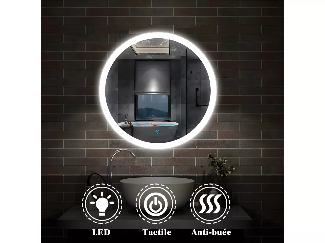Miroir de Salle de Bain Rond Avec leds et Anti-buée Blanc Froid 60cm Aica