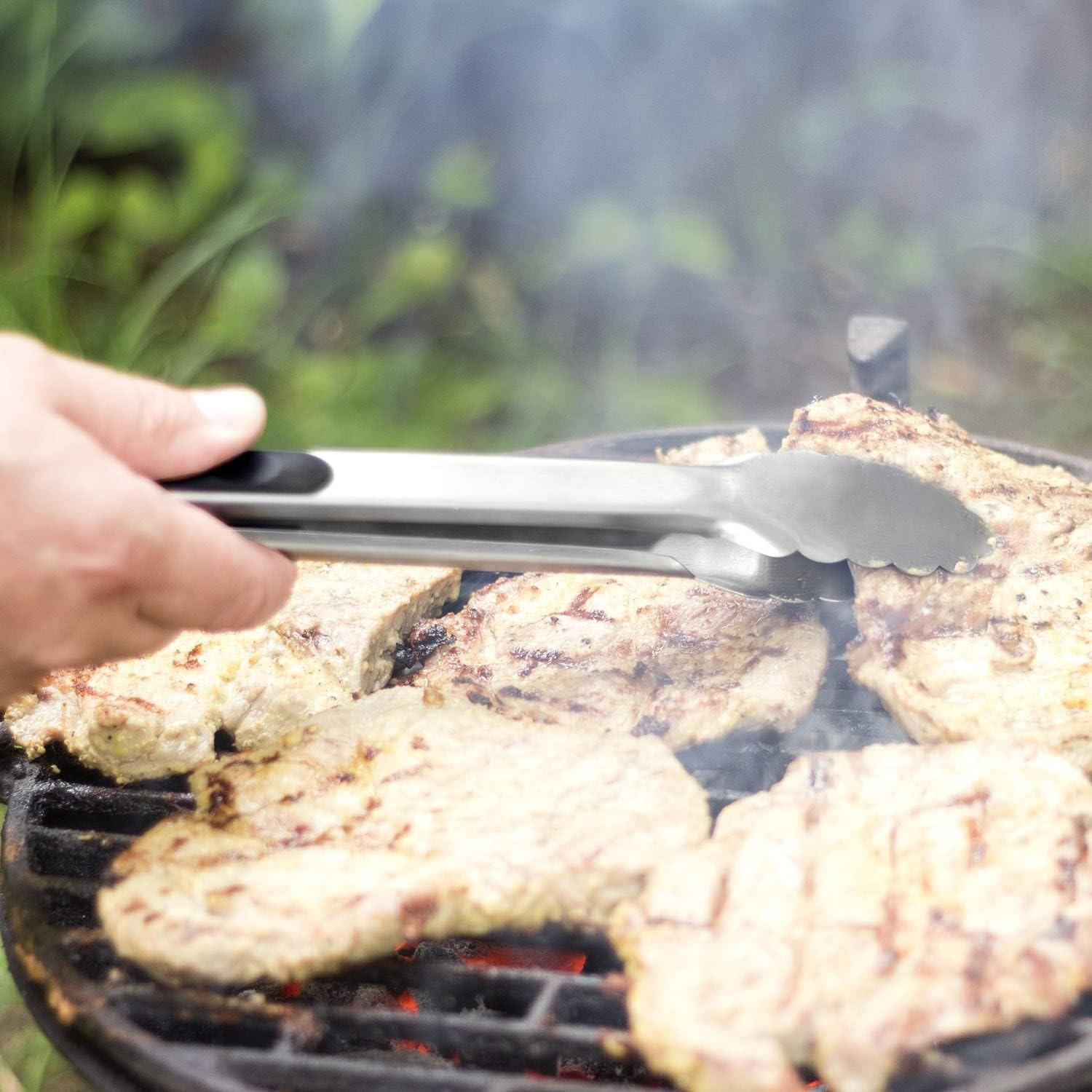 (34cm) Edelstahl Zange BBQ Grillzange Universal Küchenzange mit Arretierung - Silber / Schwarz