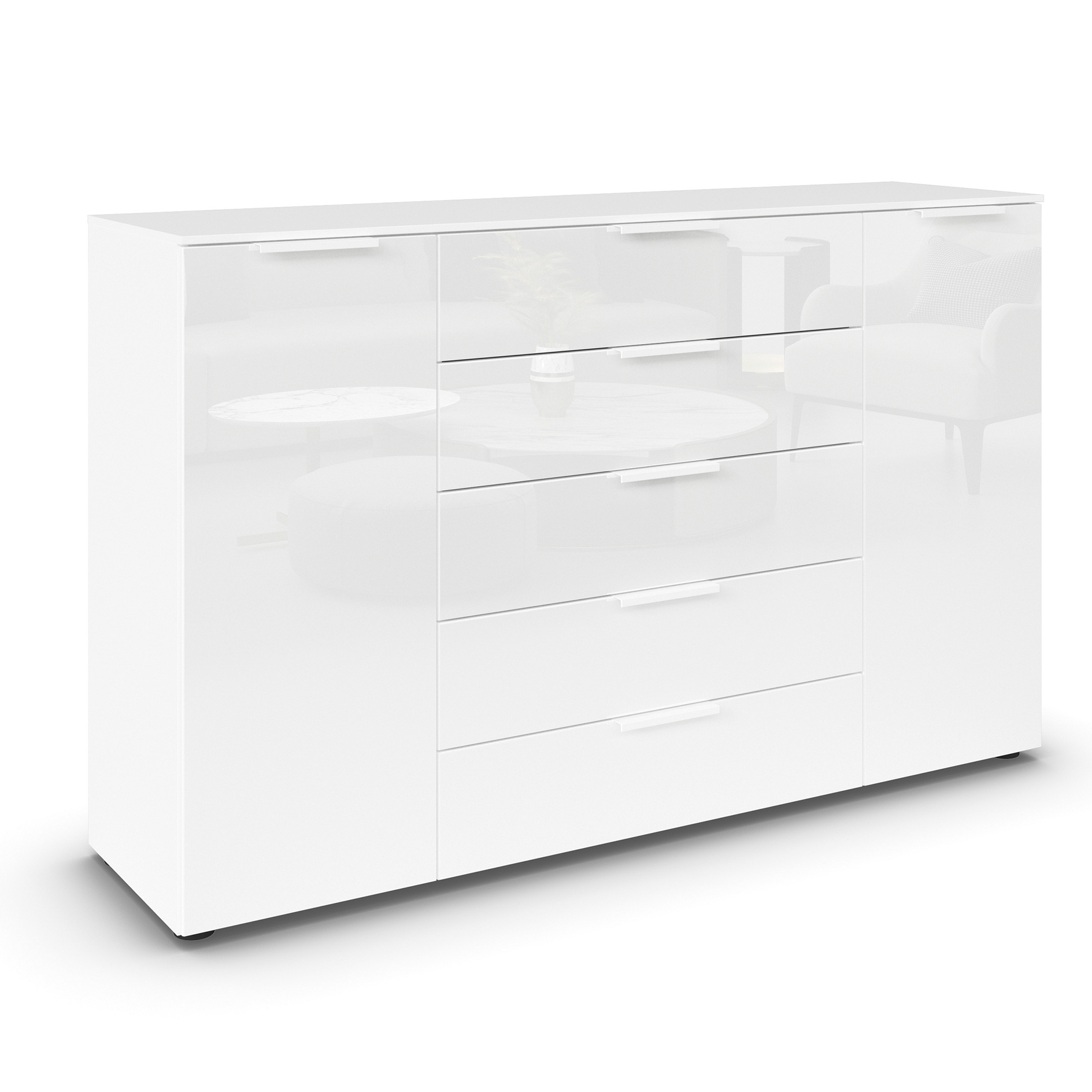 Kommode - alpinweiß-Kristallweißglas - weiße Griffe - 160 cm