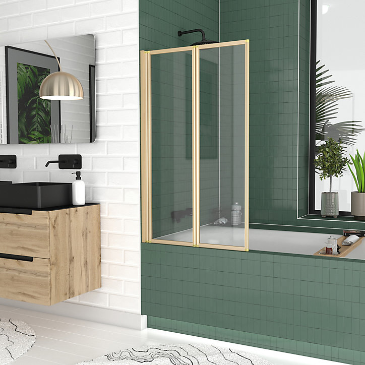 Pare-baignoire 2 volets pivotants 120 x 70 cm, profilés alu doré brossé, Galedo Duo