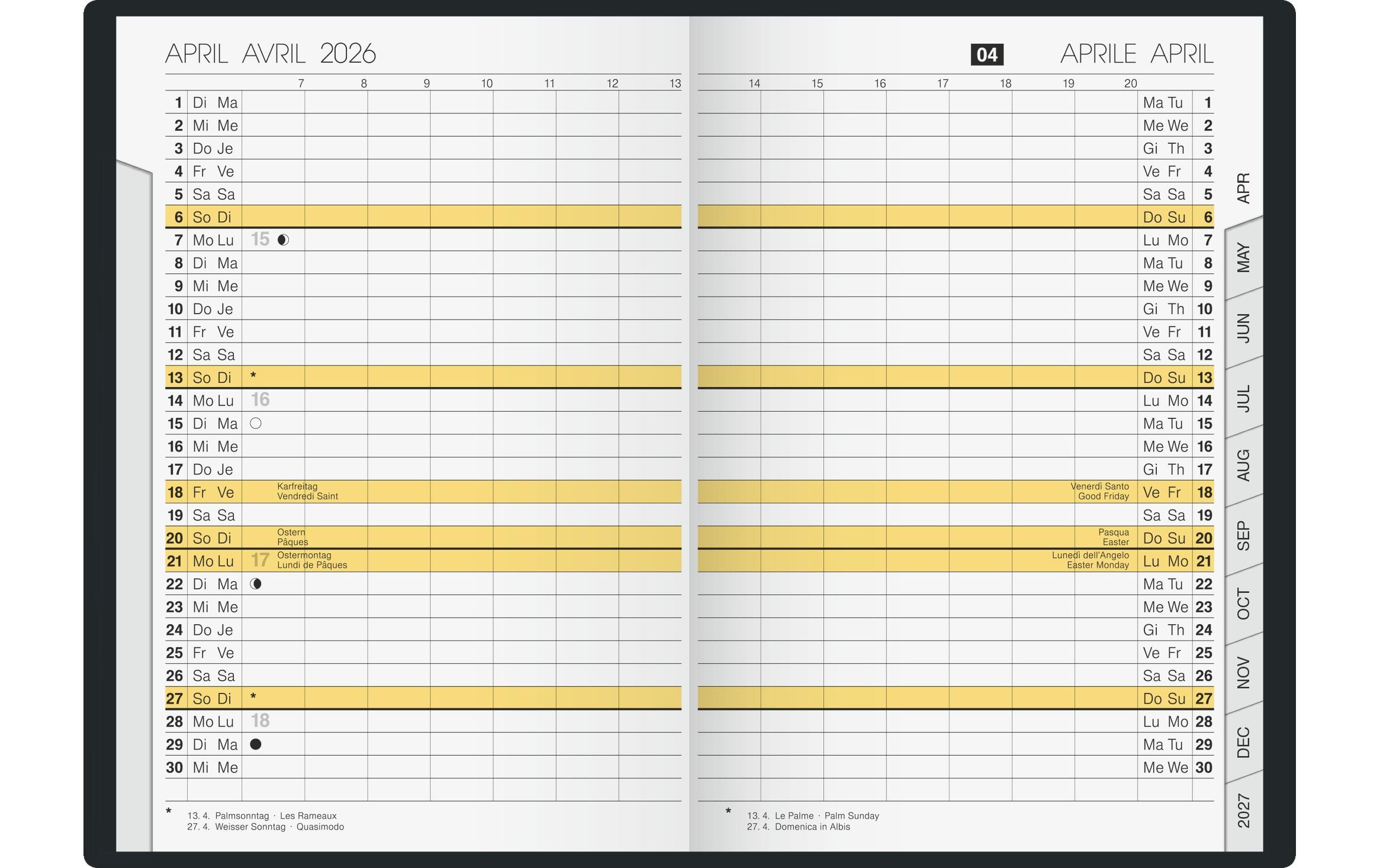 Taschenplaner Uni 2026, SchwarzTaschenkalender mit zwei Seiten je Monat