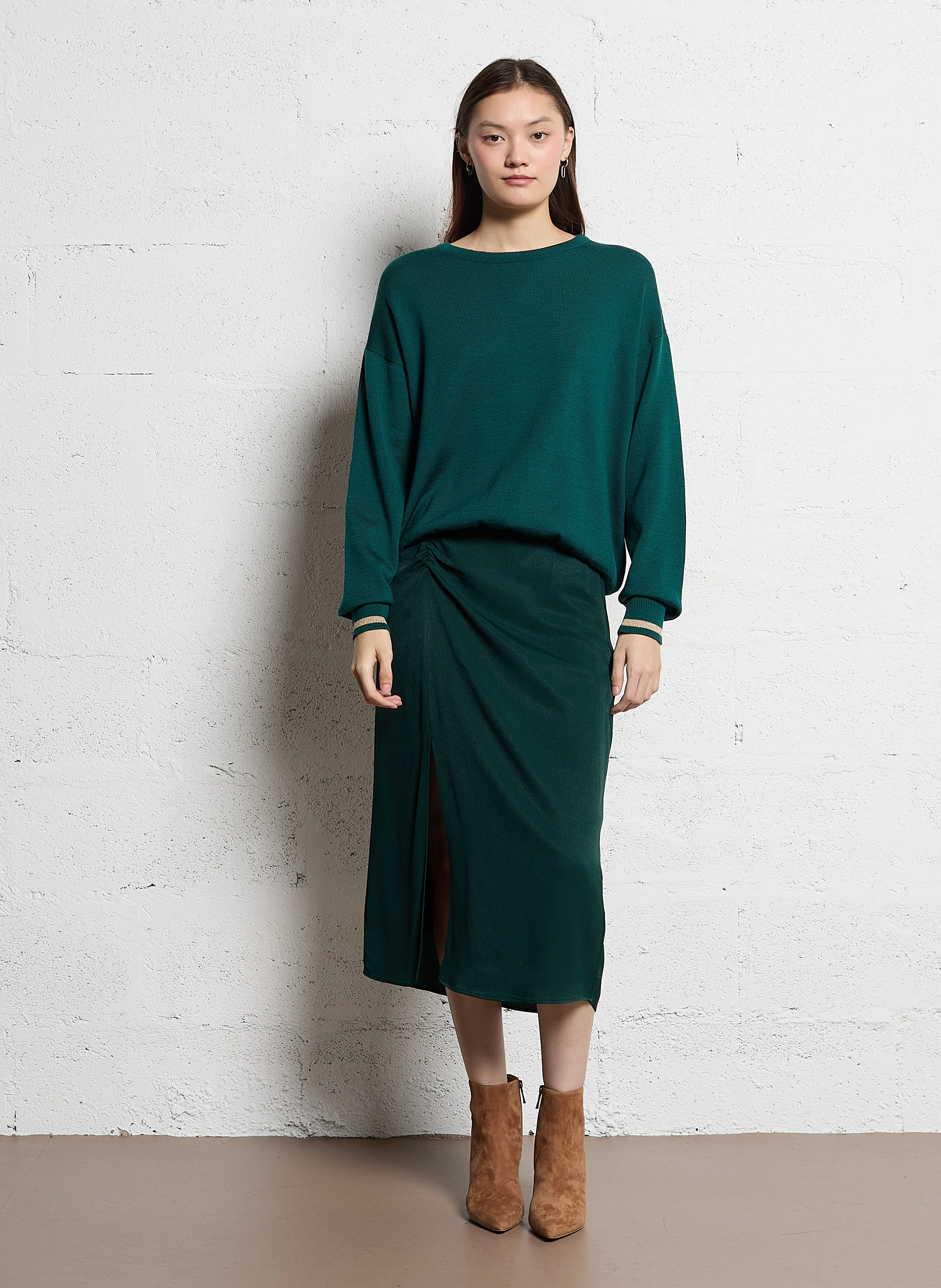 Jupe midi froncée| Vert