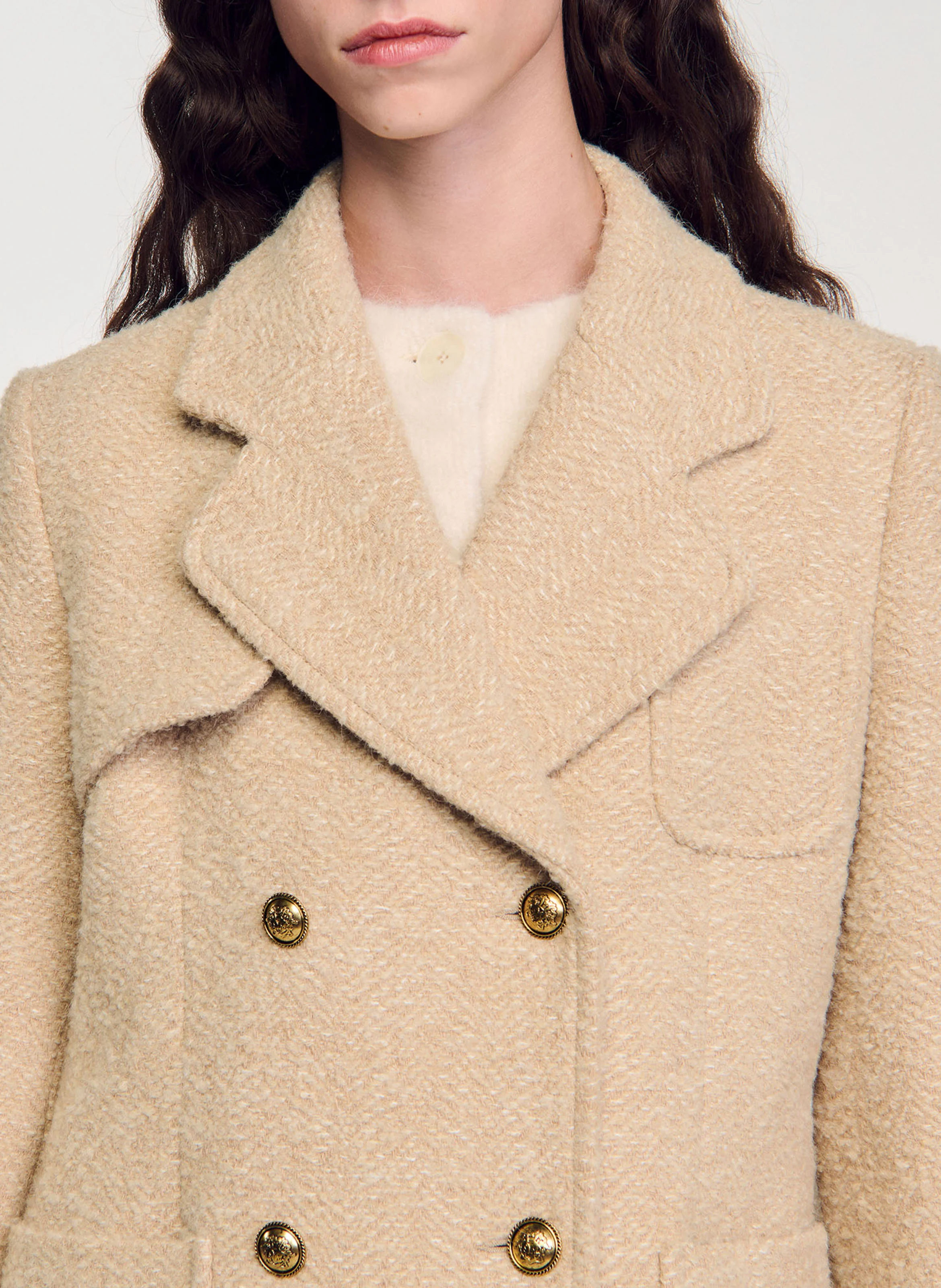 Manteau col tailleur droit en coton et laine mélangé | Beige