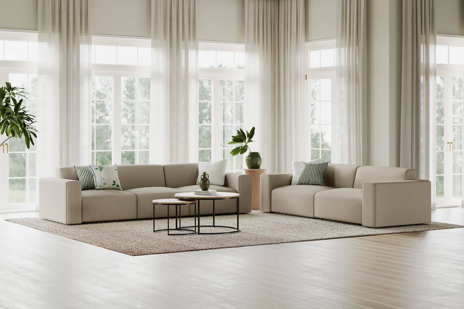 Styl 3-seter duo puter Tekstil Lombardo 9 Cappuccino med sorte ben.