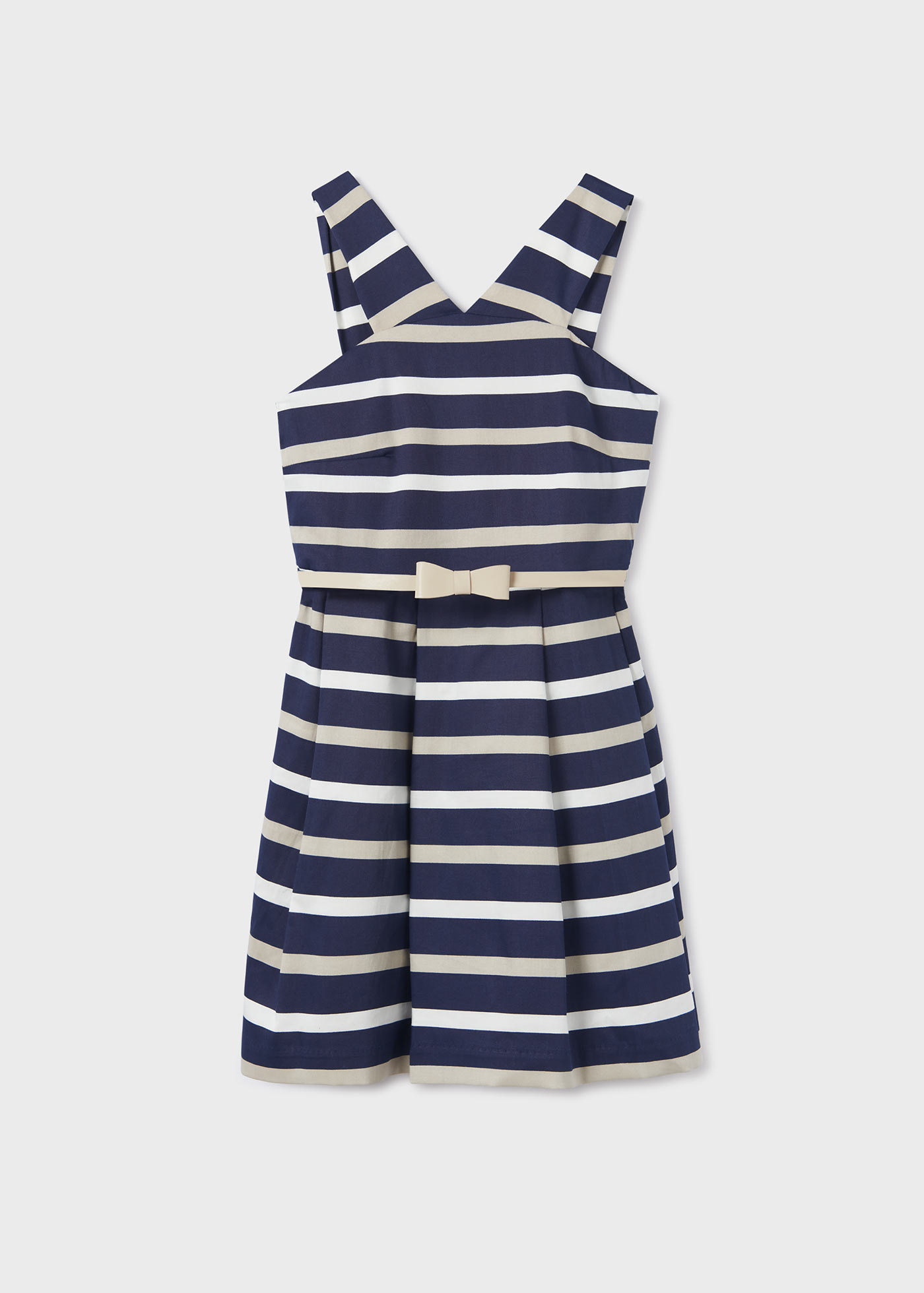 Vestido de cetim com cinto e estampa listrada para meninas