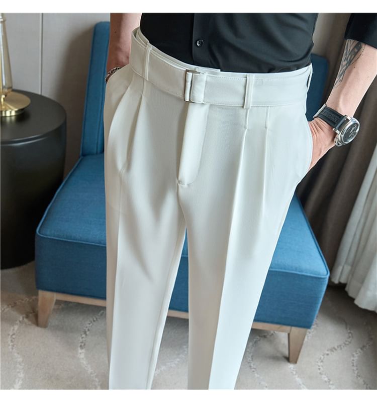 Lefitt - Set: Mid Rise Plain Cropped Straight Leg Dress Pants + Belt