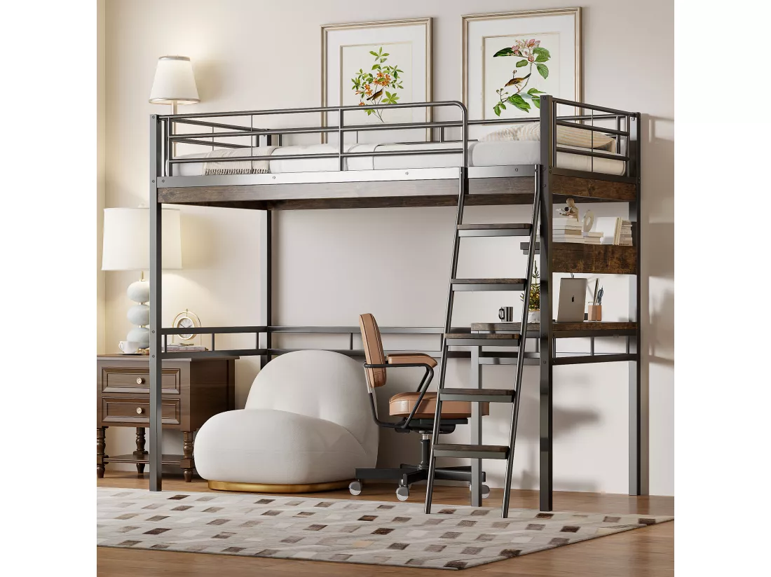 Lit mezzanine 90 x 200 cm avec bureau et étagères - Métal + MDF - Noir (sans matelas)