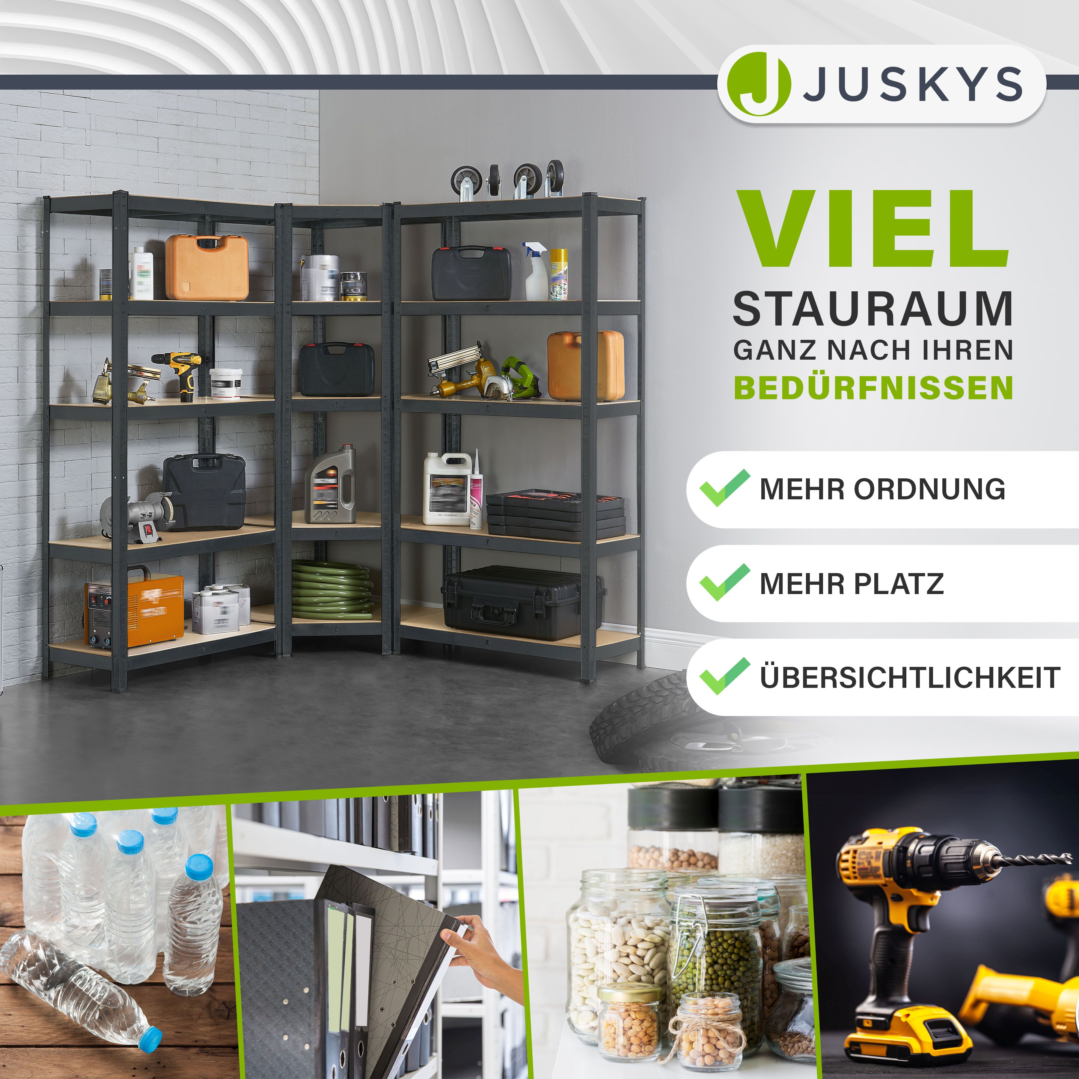 Juskys 3er Metall Regalsystem | 1 Eckregal & 2 Lagerregale | 15 Böden aus MDF Holz | 2625 kg Grau