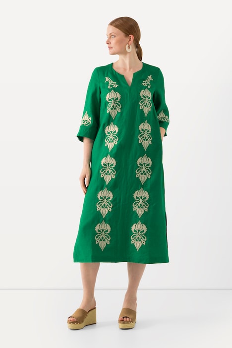 Leinen-Maxikleid, Stickerei, Tunika-Ausschnitt, 3/4-Arm