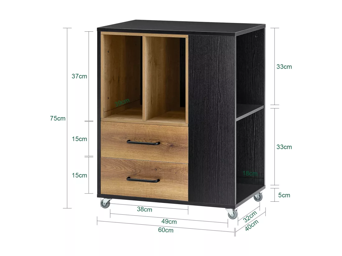 SoBuy ASK01-PF Caisson de Bureau Support Imprimante Roulant Organiseur Bureau Mobile Caisson avec Tiroirs et Compartiments, Meuble de Rangement Bureau - 60x40x75 cm