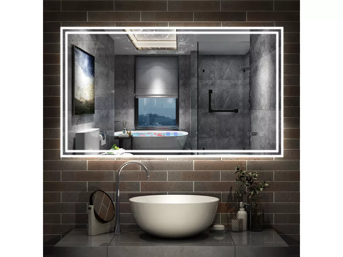 Miroir Salle de Bain LED avec Bluetooth 120x70cm, Horloge+3 Couleurs Dimmable+Anti-buée Aica