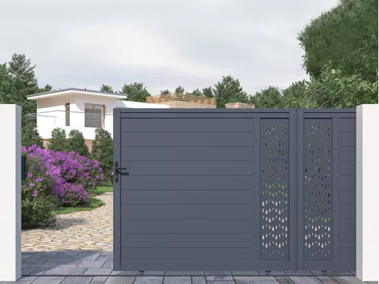 Portail électrique coulissant aluminium semi plein à motifs L416 x H180 cm anthracite GREGOR