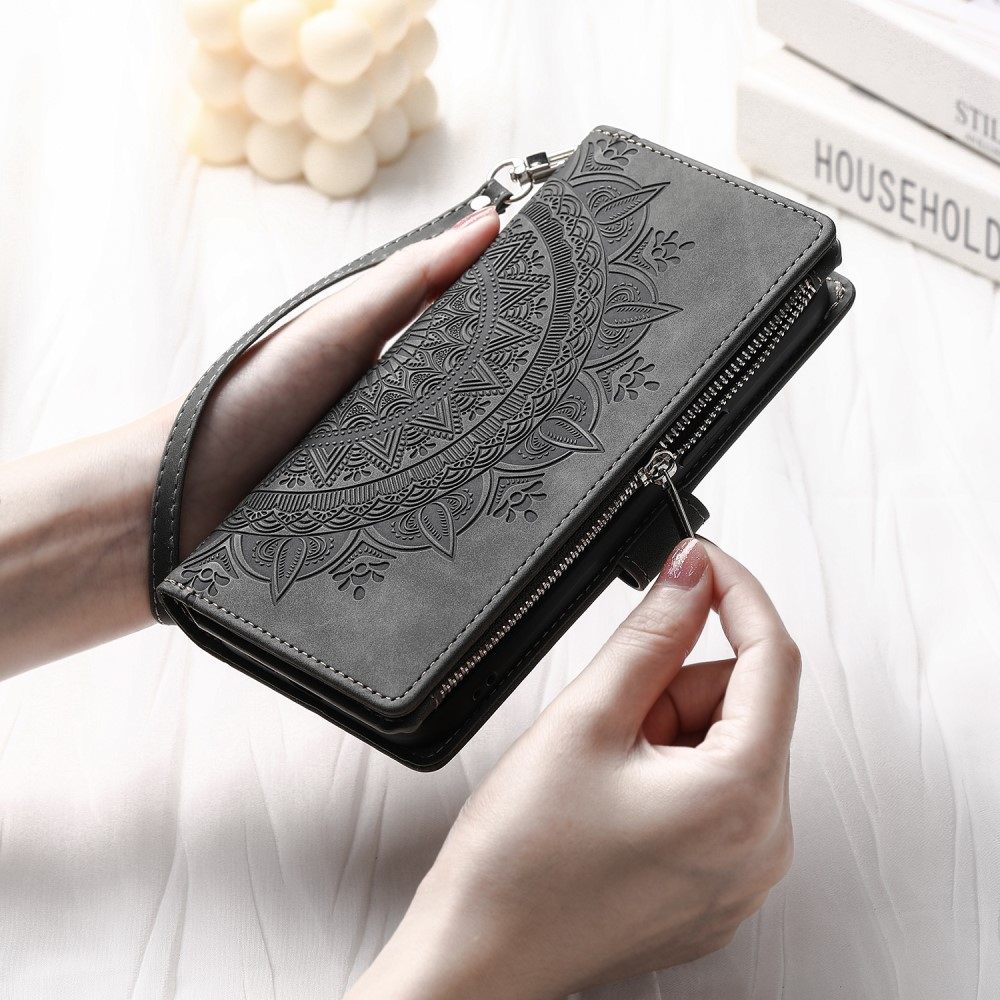 iPhone 15 Pro Leder Tasche Flip Cover mit Reissverschluss - Mandala Flowers Imprint - Grau