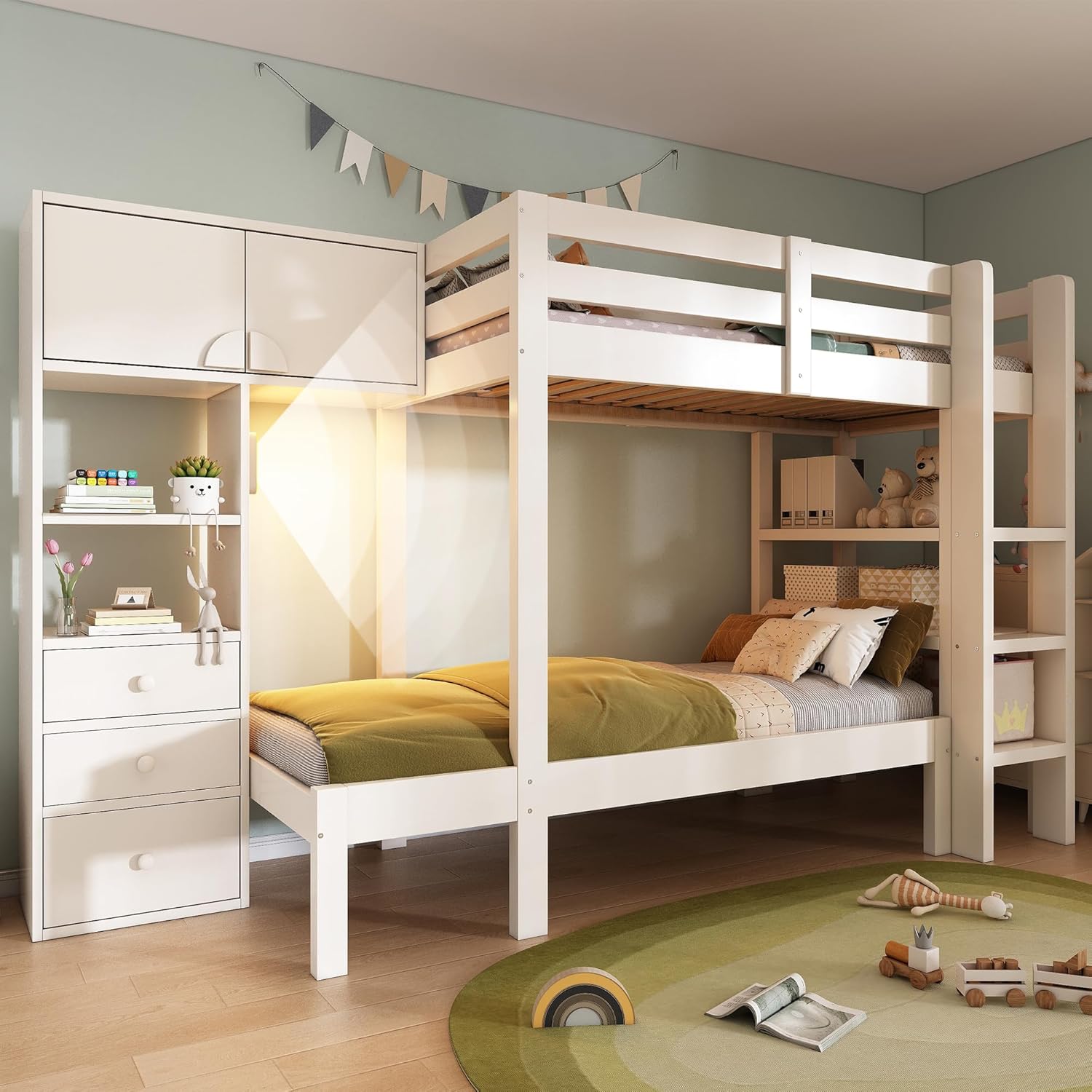 Kinderbett 90x200 mit Schrank, Etagenbett 2 Kinder mit Regal & Schubladen, Hochbett mit Intelligentem Nachtlicht, Hochbett Kinder, Hausbett, Versetztes Design, Weiß