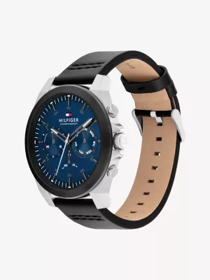 Relógio com pulseira de couro preta e mostrador azul