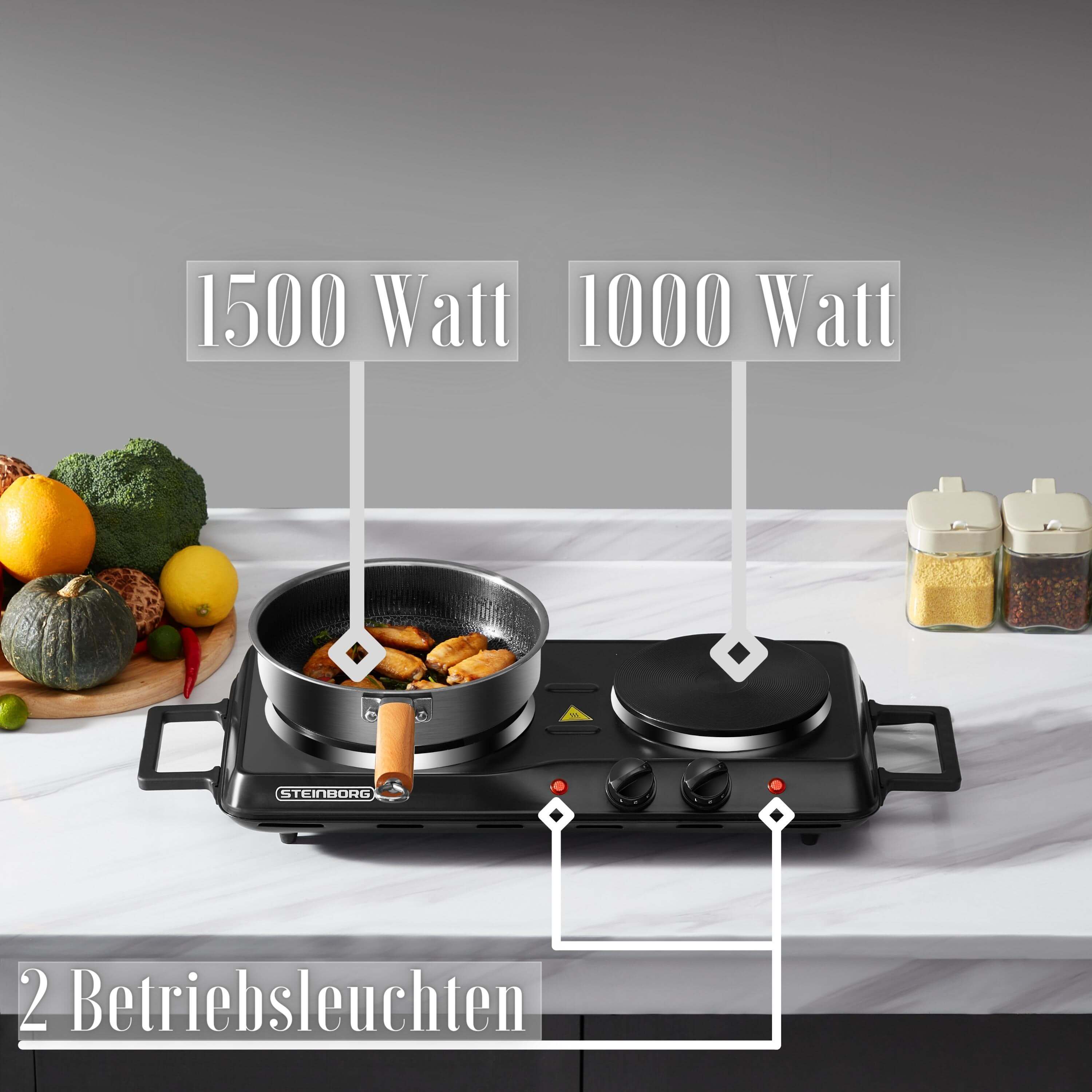 Steinborg Doppelkochplatte Herdplatte Camping Kochfeld 2500W schwarz