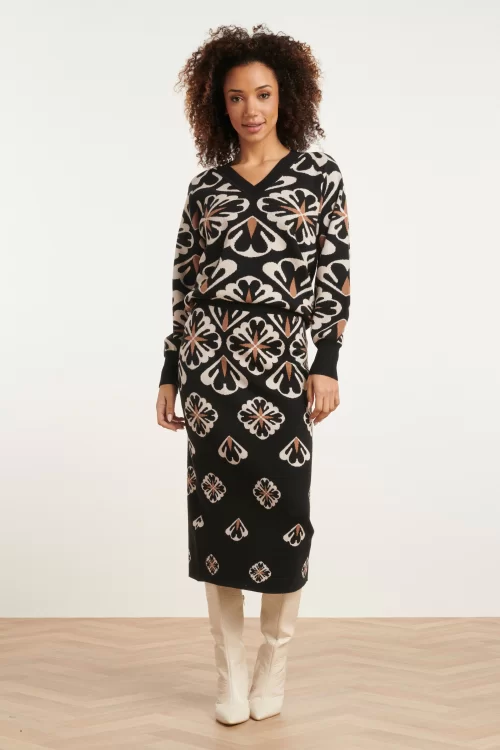 Smashed Lemon Daisy floral gebreide rok in zwart en crème