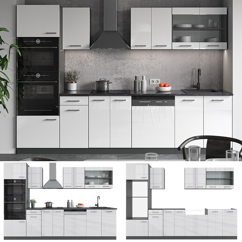 VICCO KÜCHE R-LINE 300 CM KÜCHENZEILE KÜCHENBLOCK EINBAUKÜCHE ANTHRAZIT WEISS HOCHGLANZ
