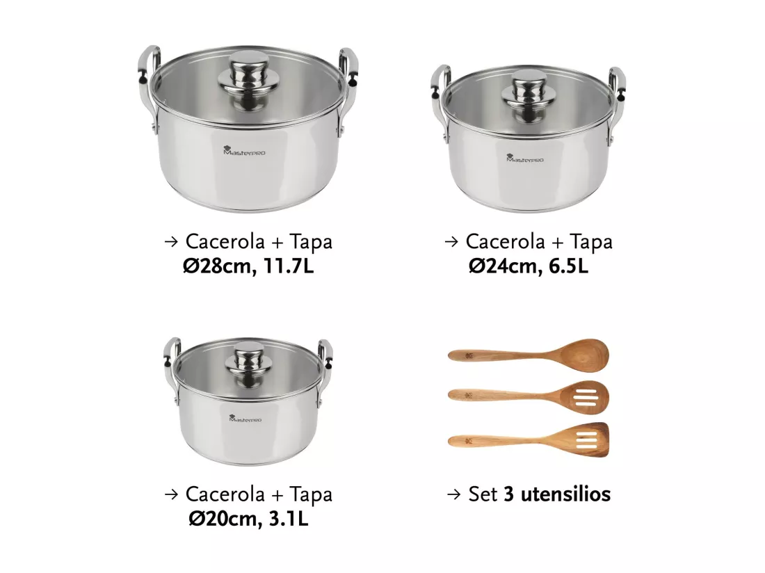 Set de 3 Casseroles en Inox avec Couvercles Ø20Ø24Ø28cm et 3 Ustensiles de Cuisine MasterPRO