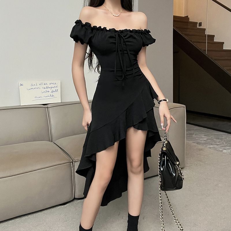 Rustie - A-lijn jurk met korte mouwen en off-shoulder, effen ruches