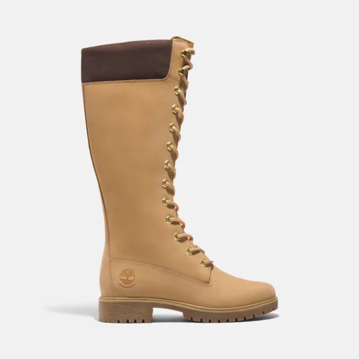 Bota Timberland Butters 50th Edition de 14 polegadas impermeável para mulheres na cor Golden Butter.