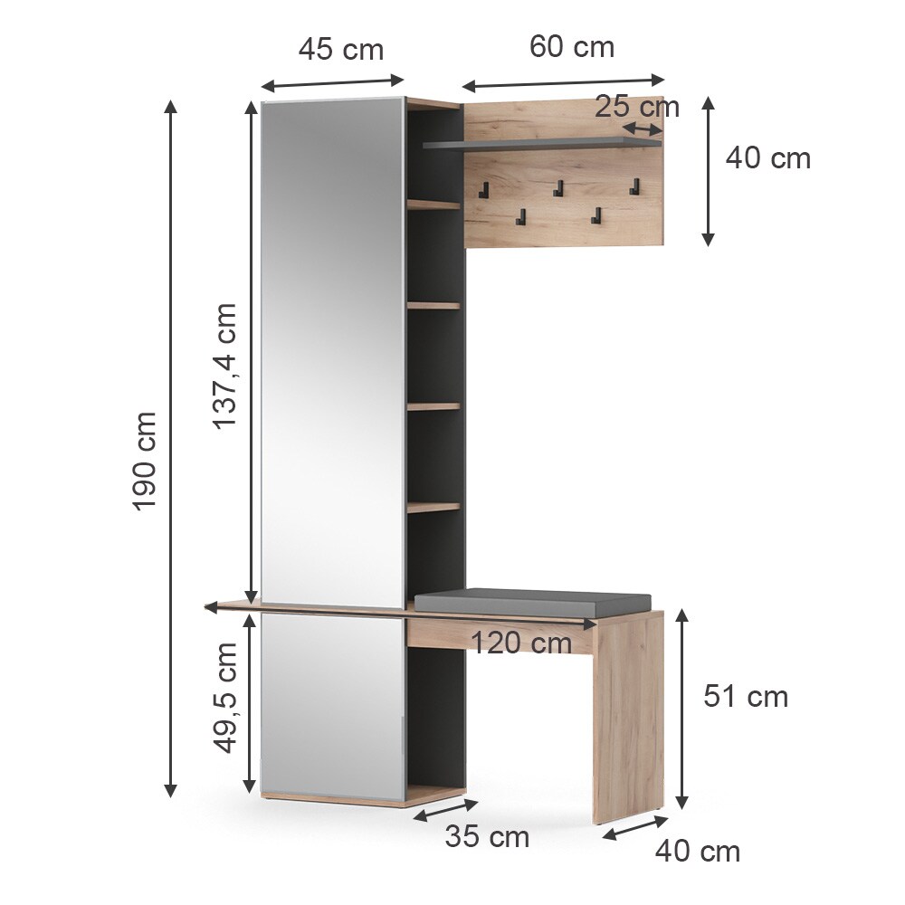 Vicco Flurgarderobe Dielengarderobe Garderobe Adeline Eiche Anthrazit Modern Sitzbank 120x190 cm Schlafzimmer Garderobenspiegel Kleiderhaken Garderobenablage Fach Regal