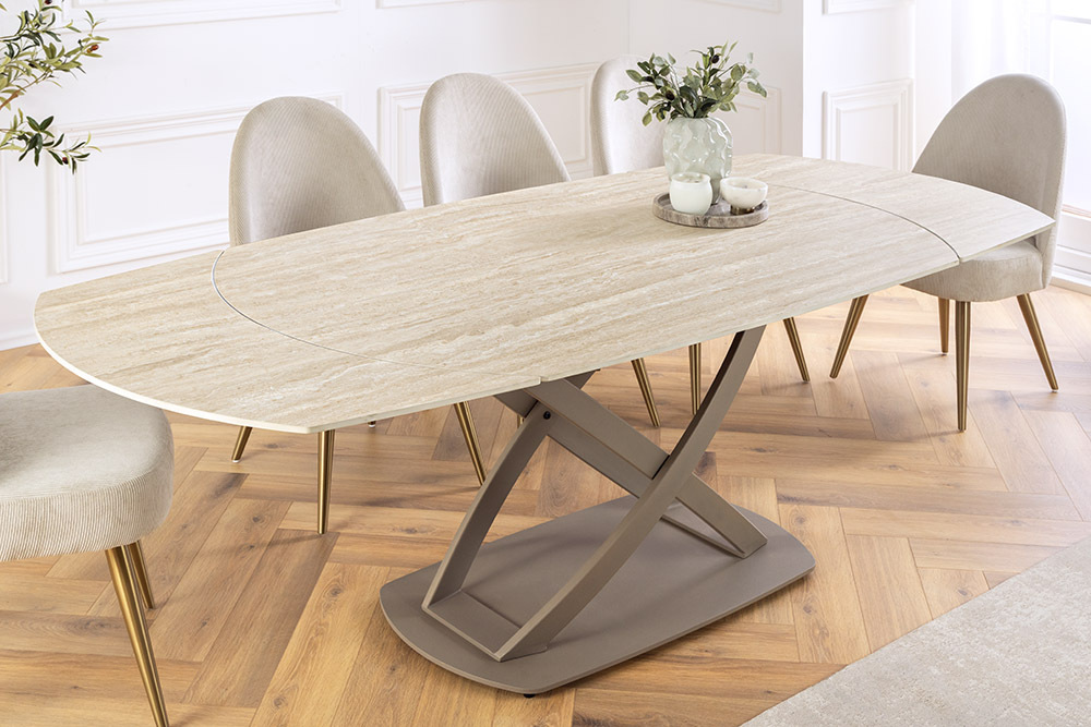 Ausziehbarer Esstisch INCEPTION 130-190cm oval Travertin Keramik champagner greige