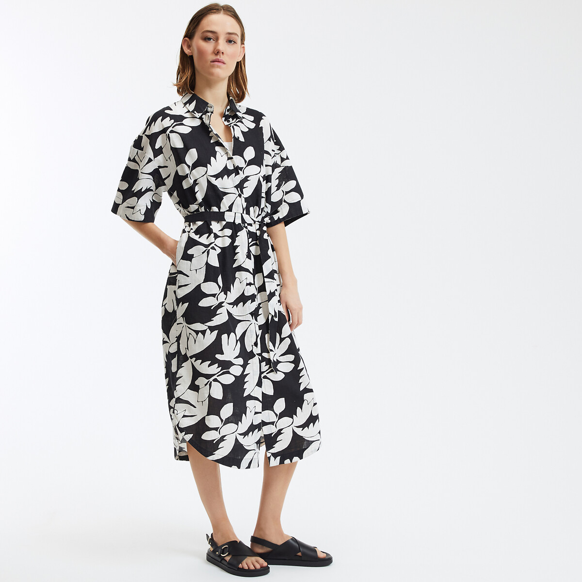 COLEÇÃO LA REDOUTE<br>Vestido longo estilo camisa com mangas até o cotovelo e estampado