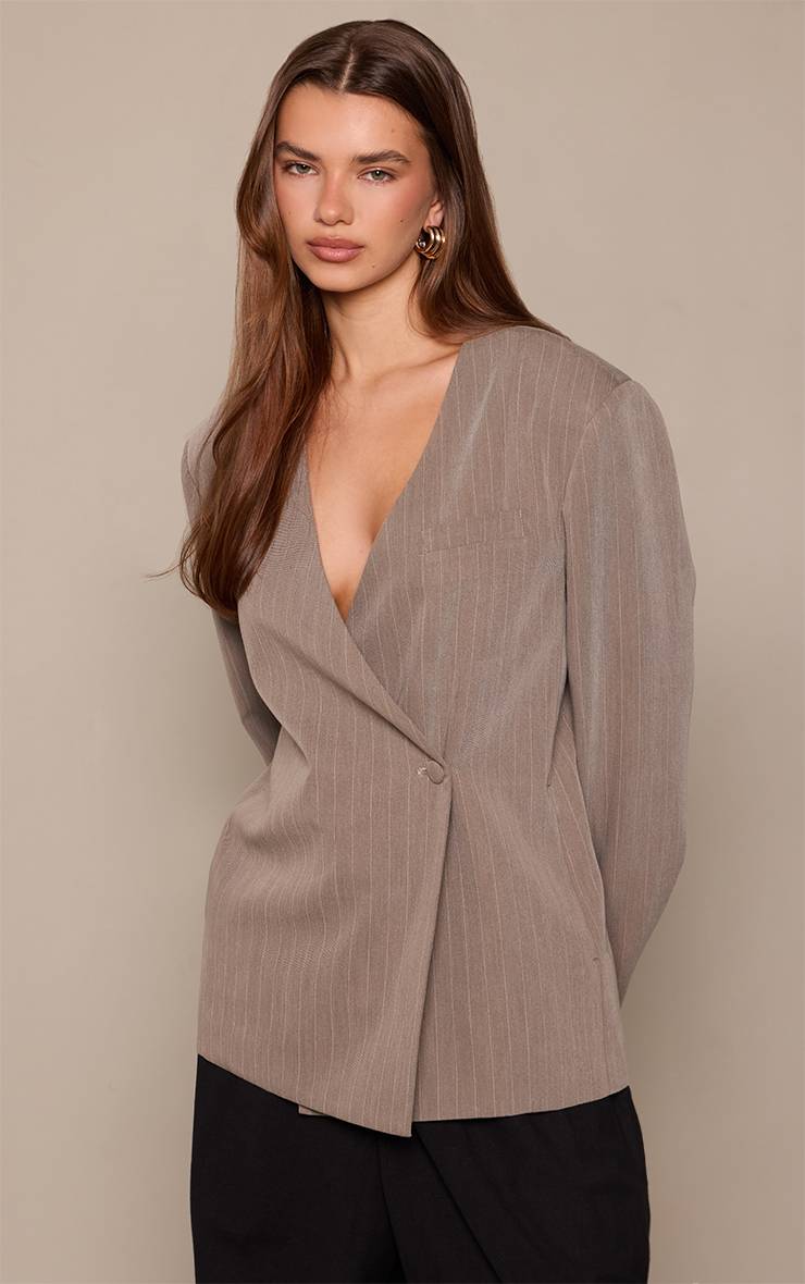 Beige Blazer Beige Rayé Sans Col Asymétrique Ajusté