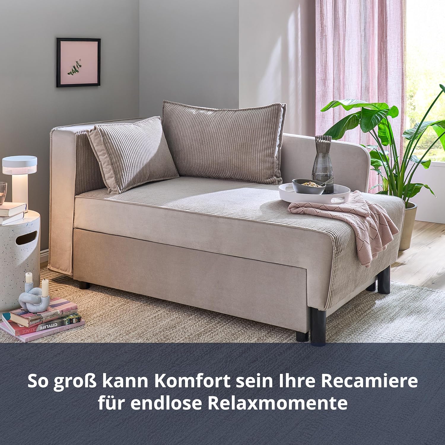 KHG Recamiere mit Bettkasten & Schlaffunktion - Moderne Liege mit Komfortschaum & Wellenunterfederung - inkl. Rückenkissen & Armlehnkissen - Cordstoff Beige
