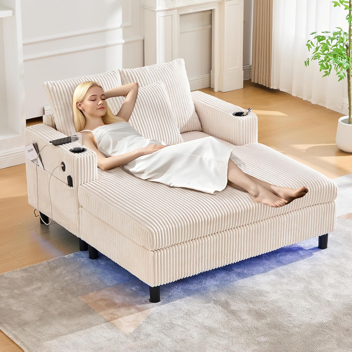 Chaiselongue Schlafsofa 2-Sitzer, Sofa mit LED & USB-C-Port & 2 Kissen & Getränkehaltern, Bettsofa, Für Wohnzimmer & Schlafzimmer, Beige