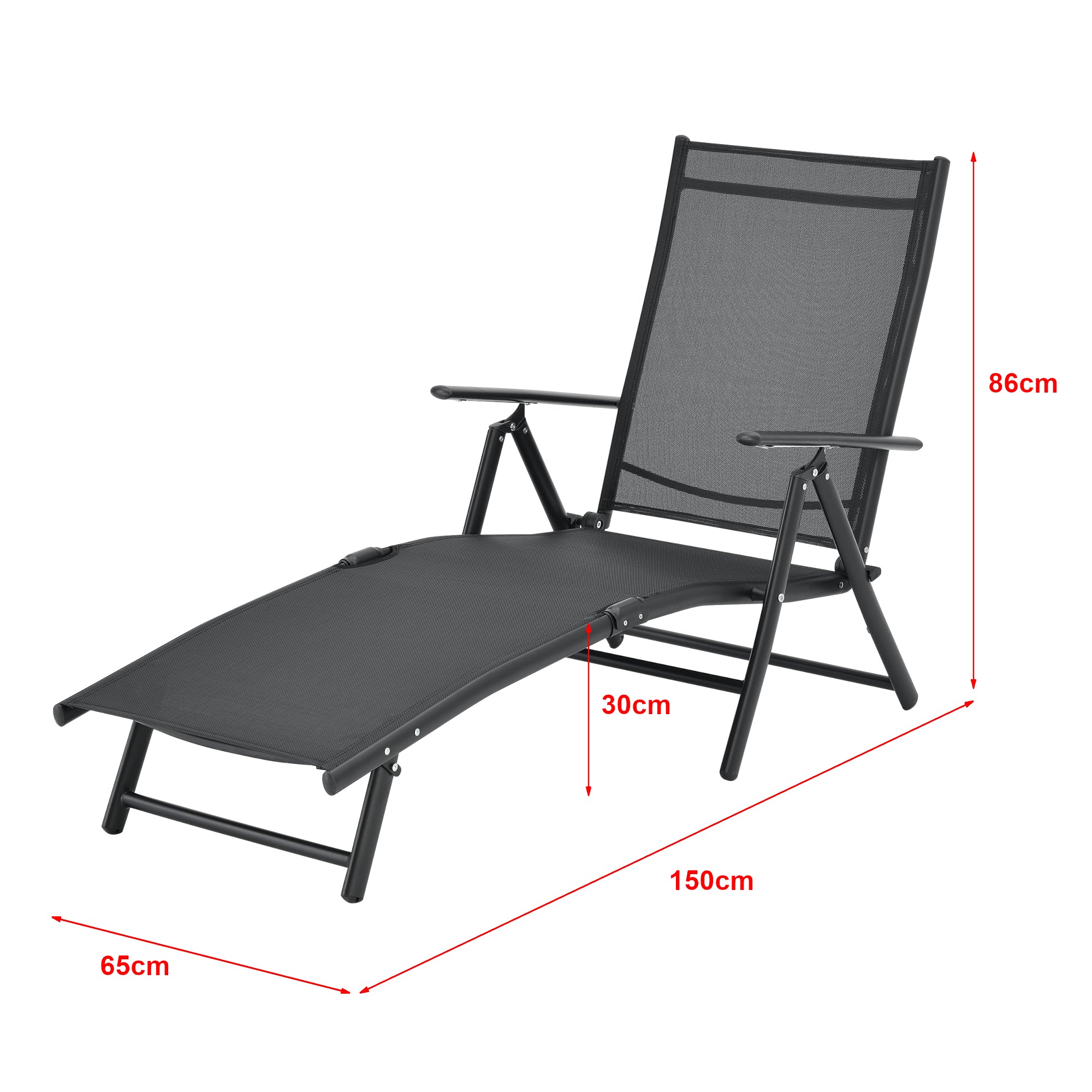 Transat bain de soleil inclinable 160° bain de soleil avec accoudoirs 150 x 65 x 86 cm noir