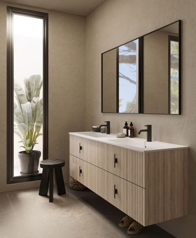 Muebles Avila - Badmeubel - Natuur Eiken - 160 cm - Dubbele Wastafel - Ribbelfront