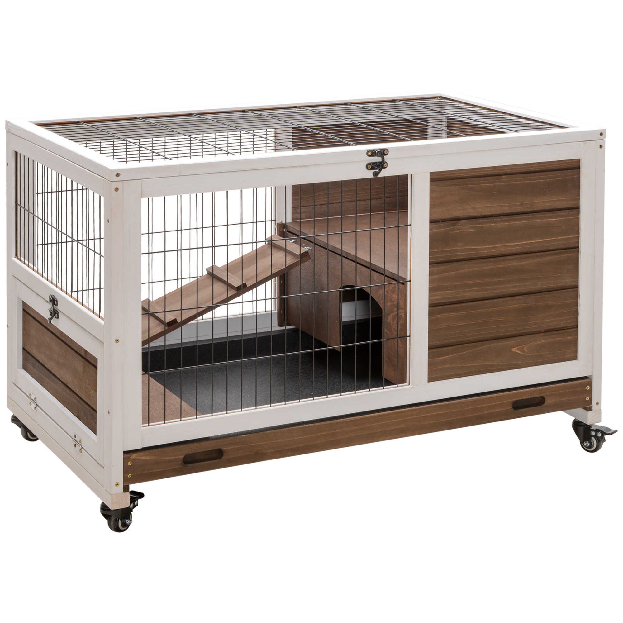 Gaiola de madeira PawHut para coelhos, gaiola portátil para pequenos animais de estimação, com teto que abre, rampa e bandeja removível, ideal para porquinhos-da-índia, 90x53x59 cm, marrom.