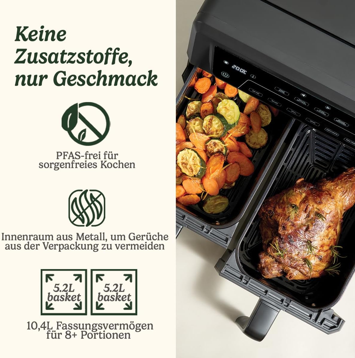 Cuisinart XXL 10.4L Zweizonen-Heißluftfritteuse| PFAS Frei | Chemiekalien frei,| Braten, Grillen, Backen, Dehydrieren und Warmhalten | 2 kammern| 2 x 5.2L - 8+ portionen| Spülmaschinenfeste Teile