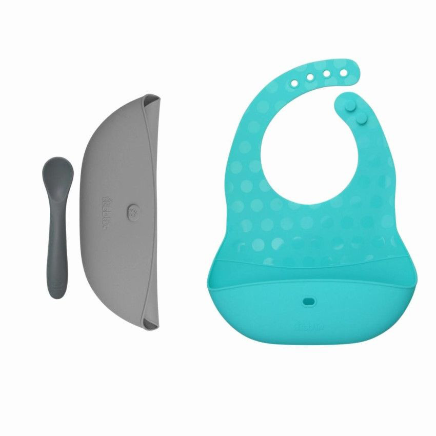 Lot de 2 bavoirs en silicone avec cuillère Aqua/Grey