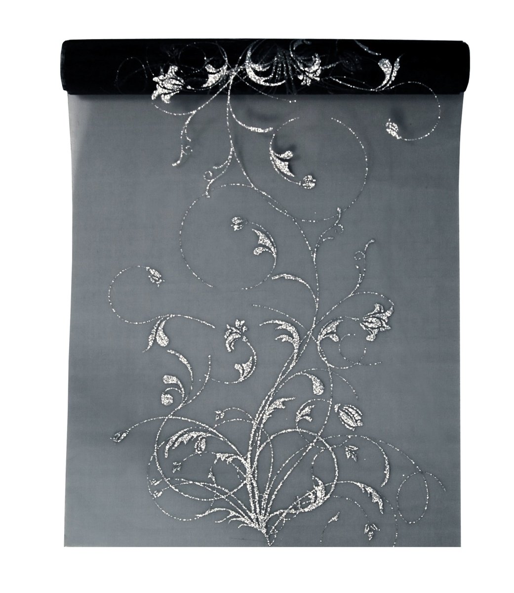 Zwarte Organza Stof Zilveren Bloemen 36cm 9m