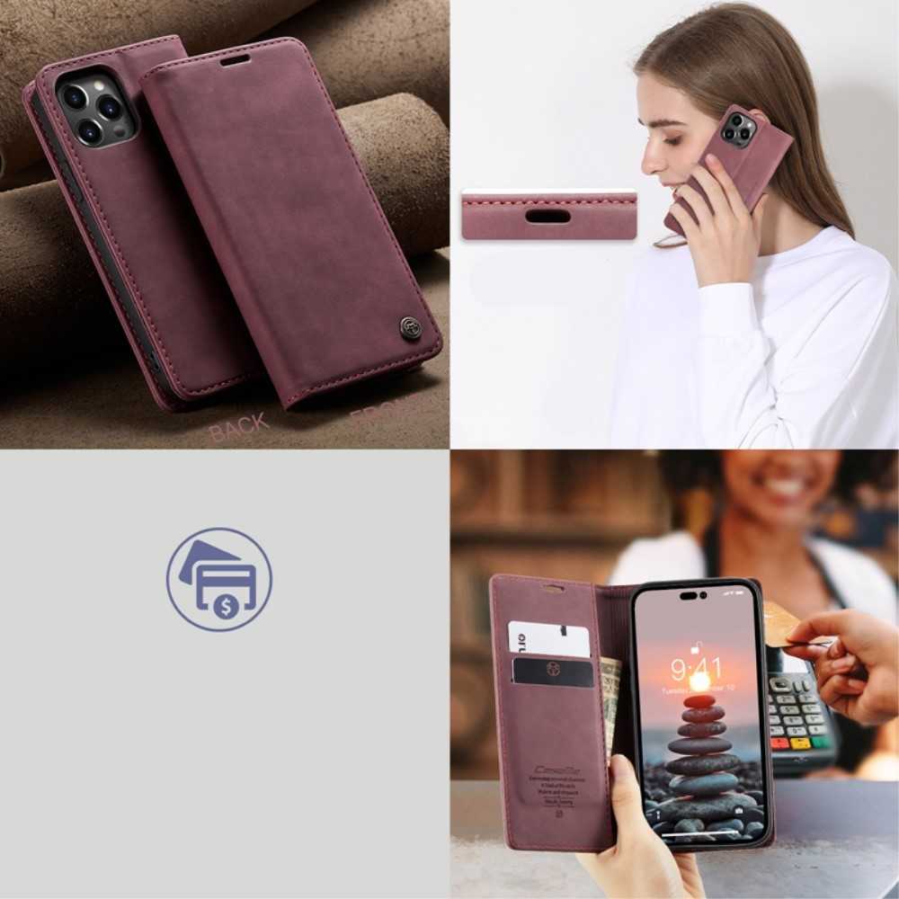 iPhone 14 Pro Max Leder Tasche Flip Wallet Etui mit Kartenfächern - Dunkelrot