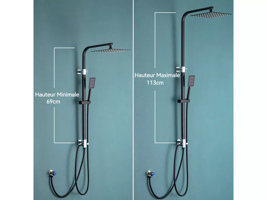 AURALUM MAX Colonne de Douche Noir Carré (Sans Robinet) 2 Fonctions Ensemble de Douche avec Douchette à Main, Hauteur Réglable 69 - 113 cm