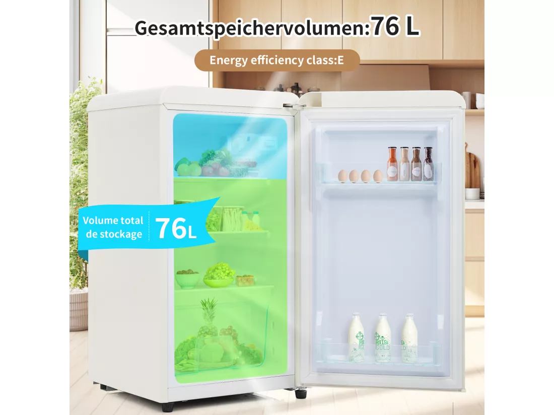 Réfrigérateur,76L, 1 PORTR,éclairage par LED,Pieds réglables,41*42*75 cm,blanc