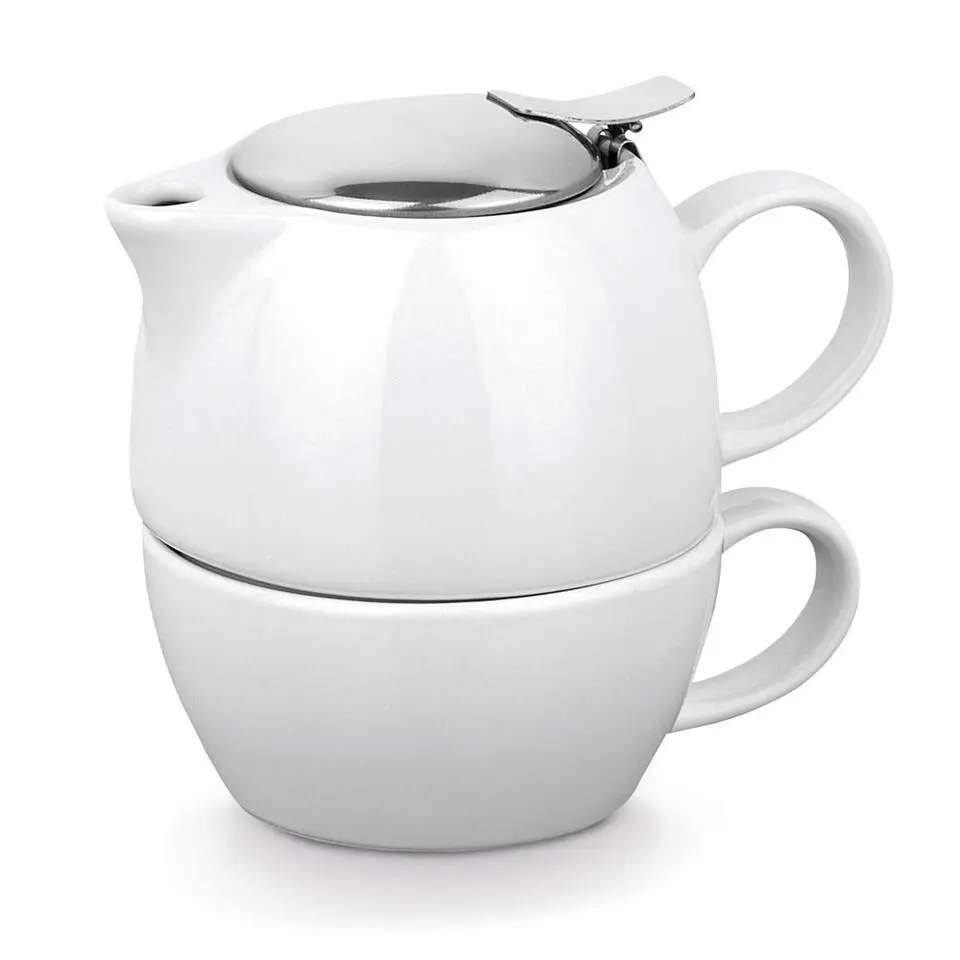 Theepot met zeef en kopje - wit - keramiek - 430 ml