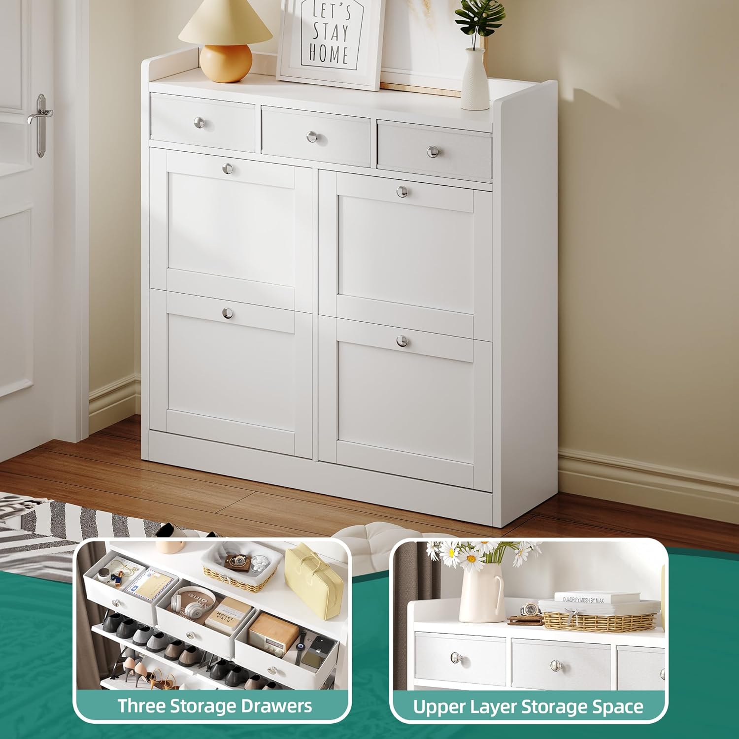 YITAHOME Schuhschrank, Schuhregal Schuhkipper Schmal, Schuhschrank Weiss mit 4 Klappen, Shoe Cabinet Schuhkommode schuhschrank mit Schublade für Eingangsbereich, Flur (Weiss)