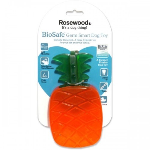 Mordedor Biosafe em formato de abacaxi, verde e laranja.