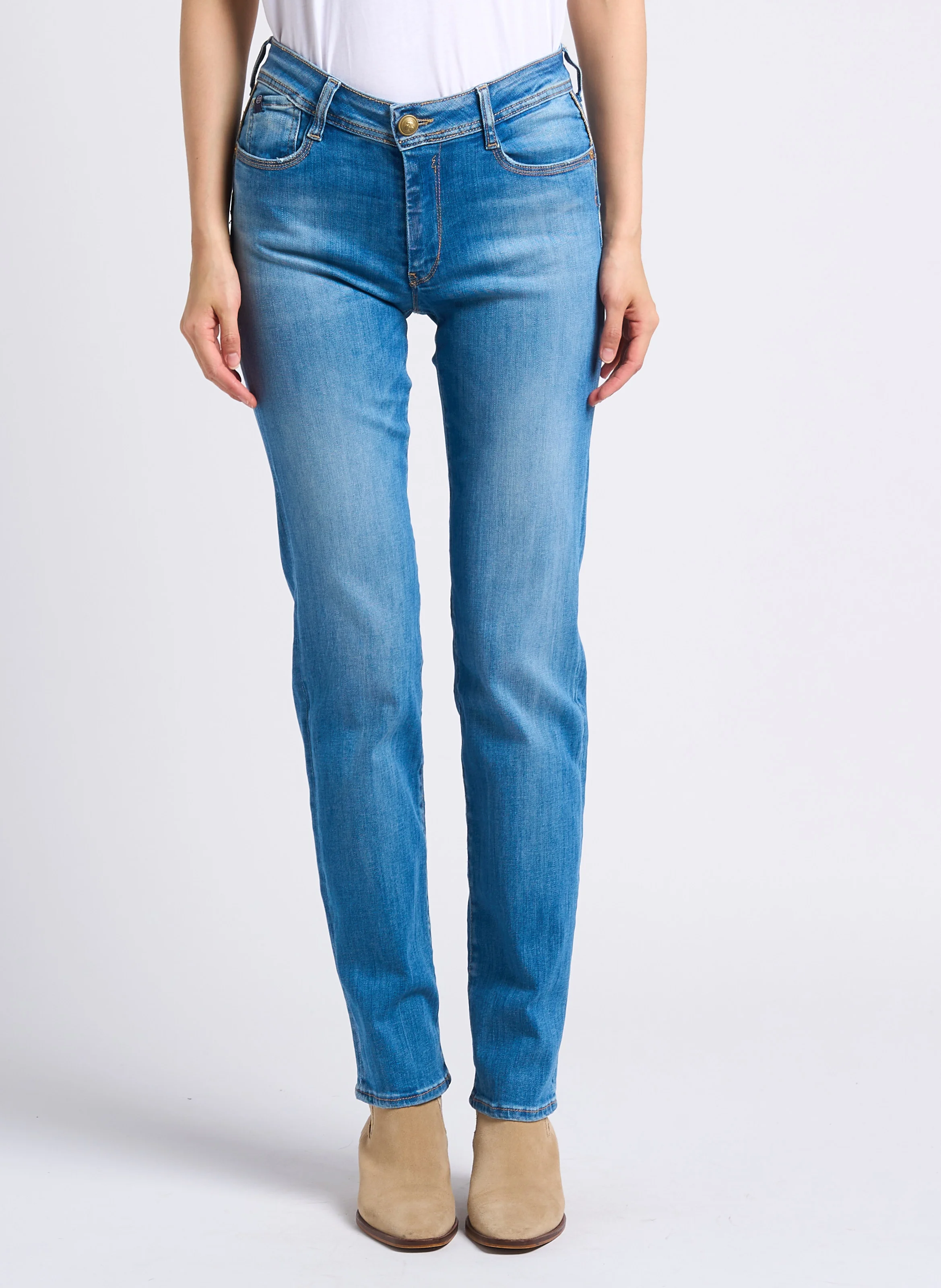 POMY - Jean droit taille haute en coton stretch | Bleu