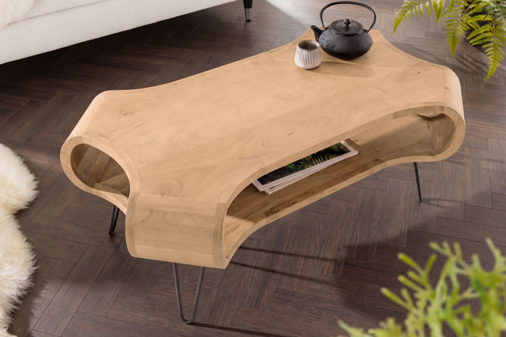 Couchtisch ORGANIC LIVING 100cm natur cream finish Mangoholz mit Hairpin Legs