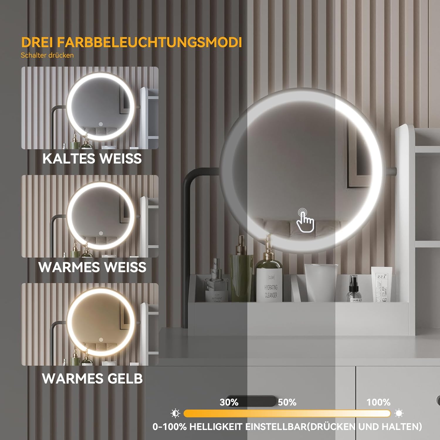 Fullwatt Schminktisch mit LED-Beleuchtung, Schminktisch mit Spiegel und Hocker, 3 Farben, Einstellbarer Helligkeit, Frisiertisch mit 2 Schubladen und 5 Offene Ablagen, Haartrocknerhalter, Modern, Weiß