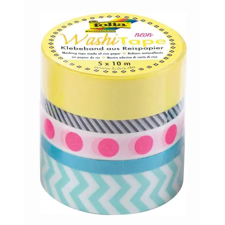 Folia Washi Tape, Neon pink, Klebeband aus Reispapier, 5er Set- ideal zum Verzieren und Dekorieren