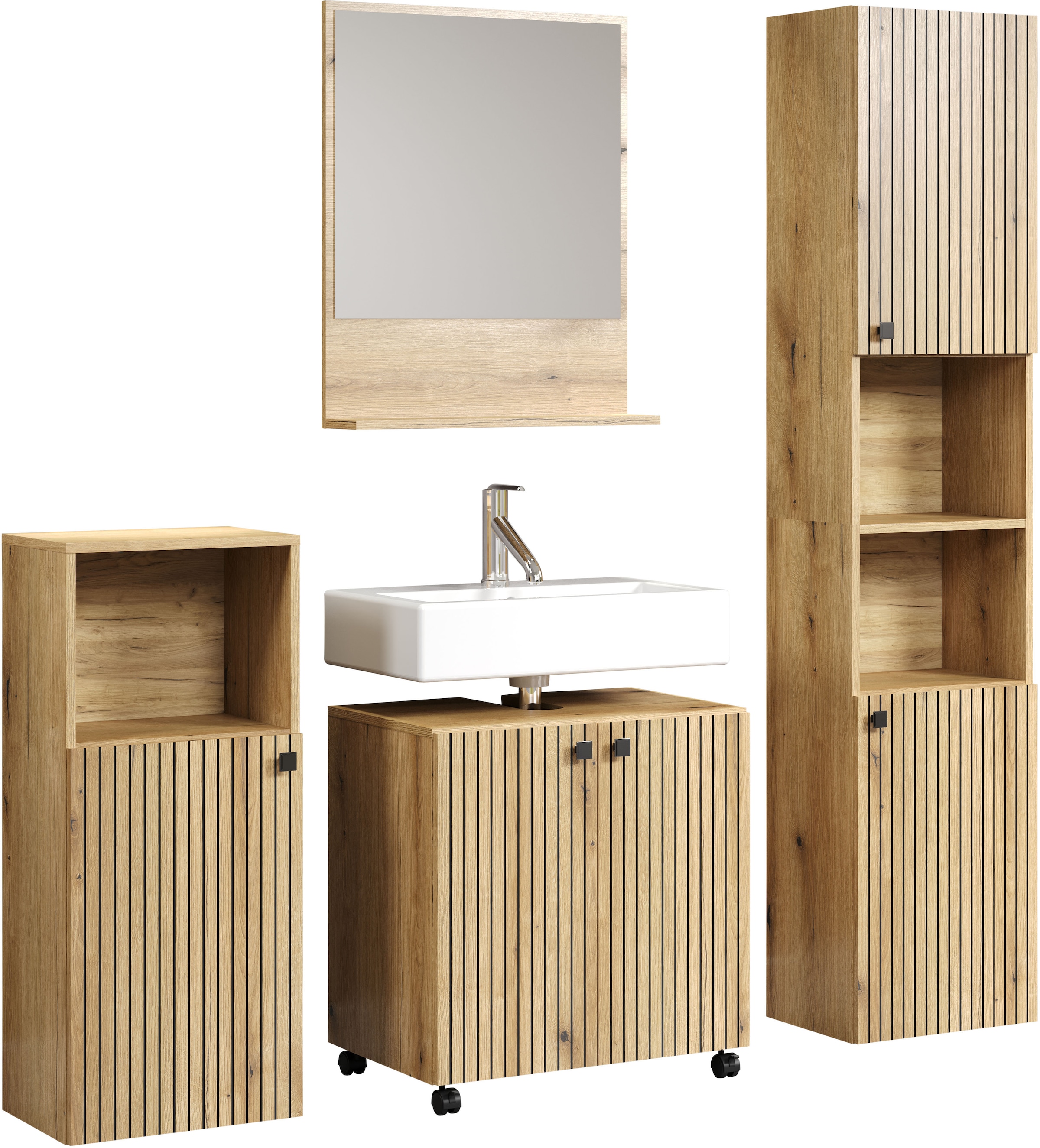 welltime Badmöbel-Set »Amrum Waschbeckenunterschrank Spiegel Hochschrank Badschrank« Komplett-Set, 4 Stk. tlg.